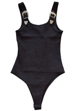 Black Ribbed Buckle-Strap Bodysuit
